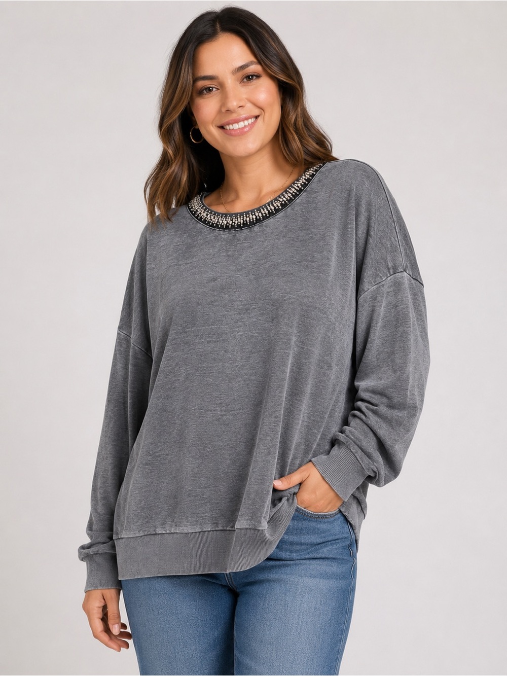 Lane Bryant Charcoal Grey Pullover Sweatshirt with Beaded Neckline 26